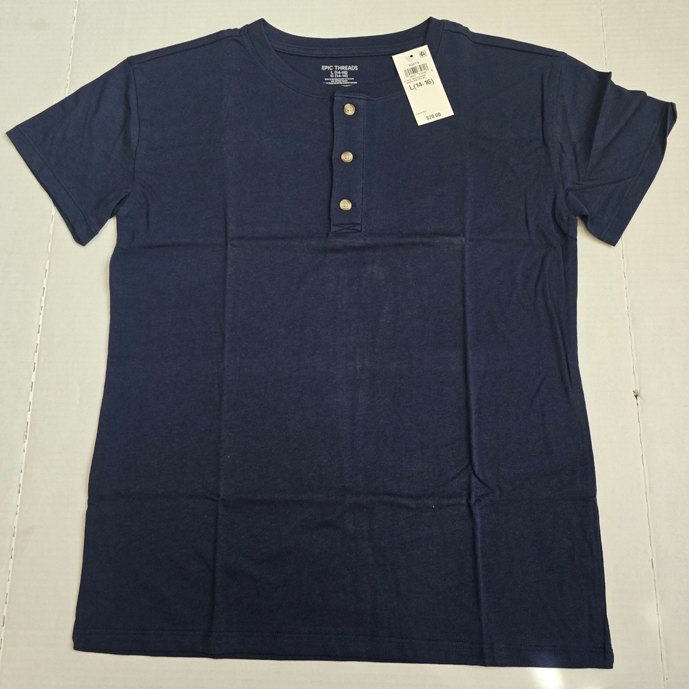Epic Threads Boys Navy Nautical Henley Shirt Short Sleeve L 14-16 NEW